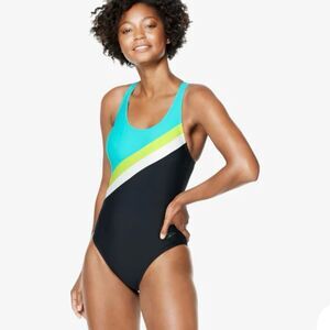 SPEEDO Women's Size 6 Active Diagonal Colorblock One Piece Swimsuit black green